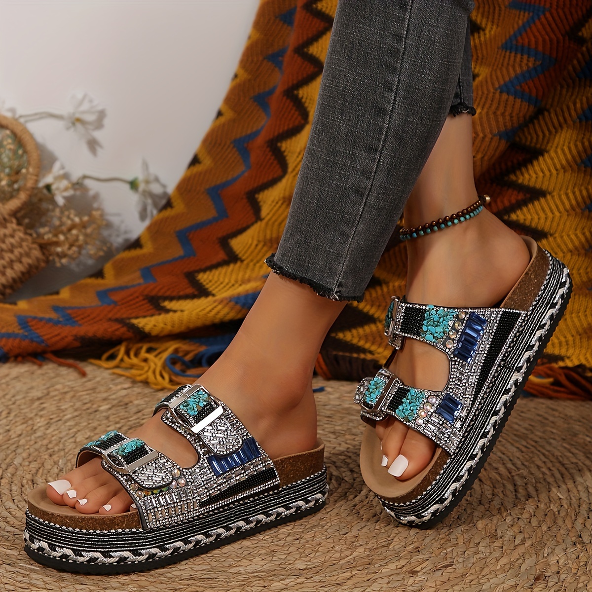 womens platform slide sandals with   embellished buckles slip on open toe summer wedge sandals synthetic cover pu sole for beach vacations casual   strappy sandals beach vacation shoes durable   insole details 8
