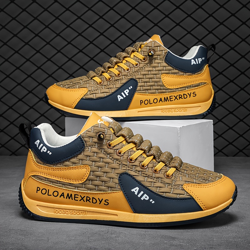 Men's Casual Sports Sneakers 2024 Street Style Geometric Pattern, Mid-top Height, Round Toe, Lace-up, Fabric Liner, Eva Insole, Pvc Sole, Pu Upper, For Daily & Outdoor Use