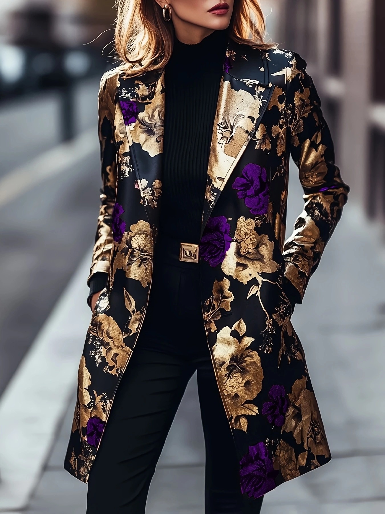 womens   length floral print suit jacket loose fit long sleeve single breasted   with pockets machine washable black   white tones for casual professional wear elegant outerwear luxury fabric sophisticated design