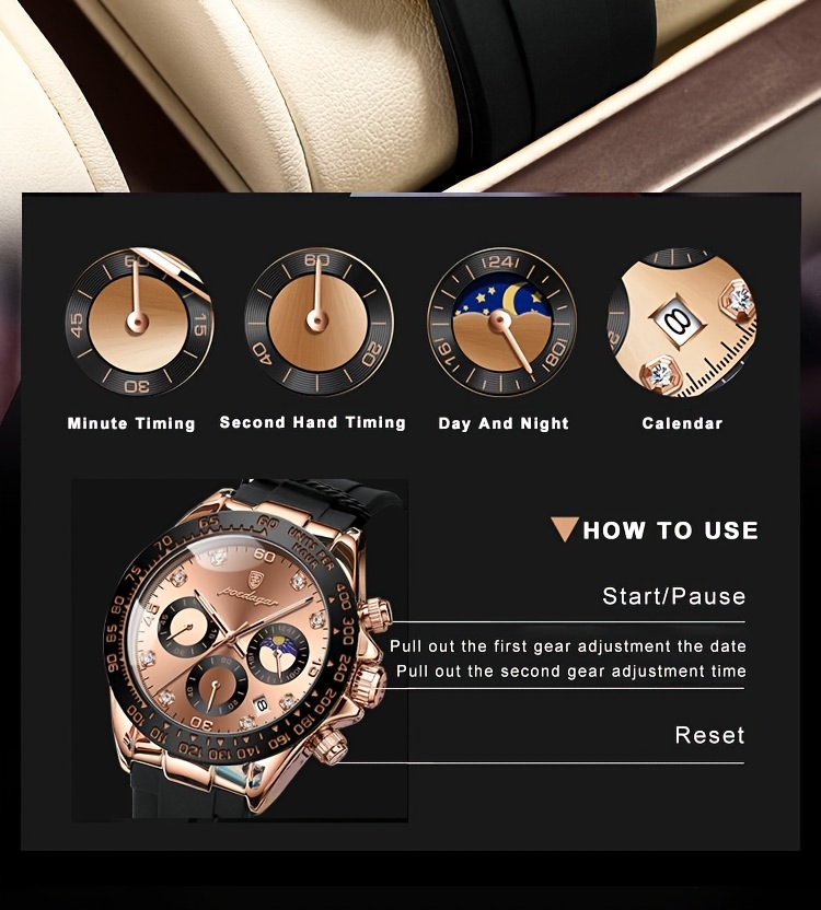 s waterproof quartz watch rose golden luminous calendar timer silicone strap business fashion style ideal for students professionals details 7