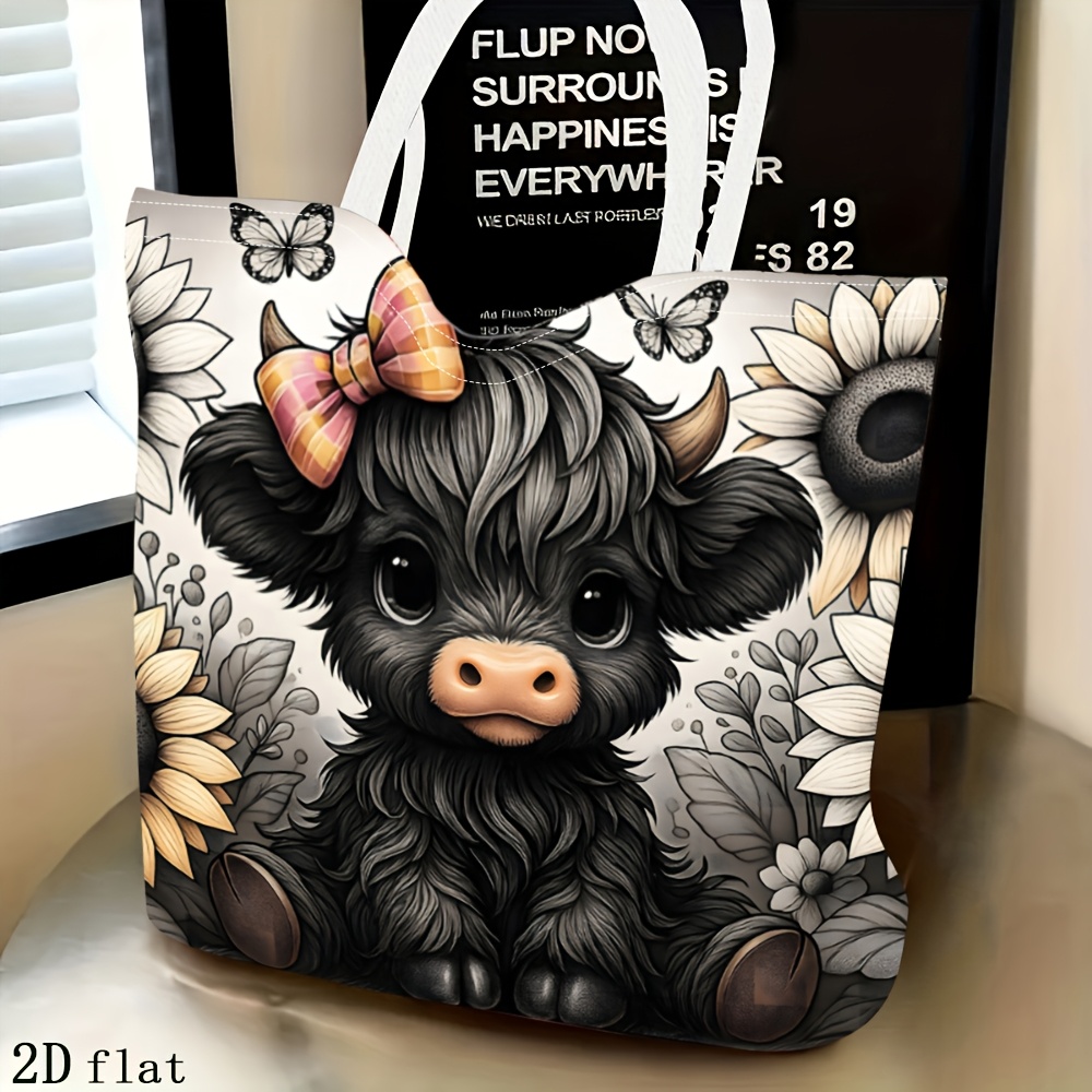 TEMU 1pc Women's Handbag, Double-sided Printed Vintage Scottish Highland Cow Tote Bag - Large Capacity Shoulder Strap Single Shoulder Bag With