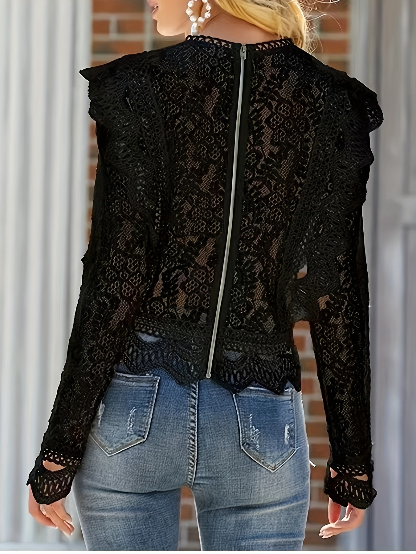 Encaje Blusas De Moda En Color Negro Elegante Blusa Encaje Larga