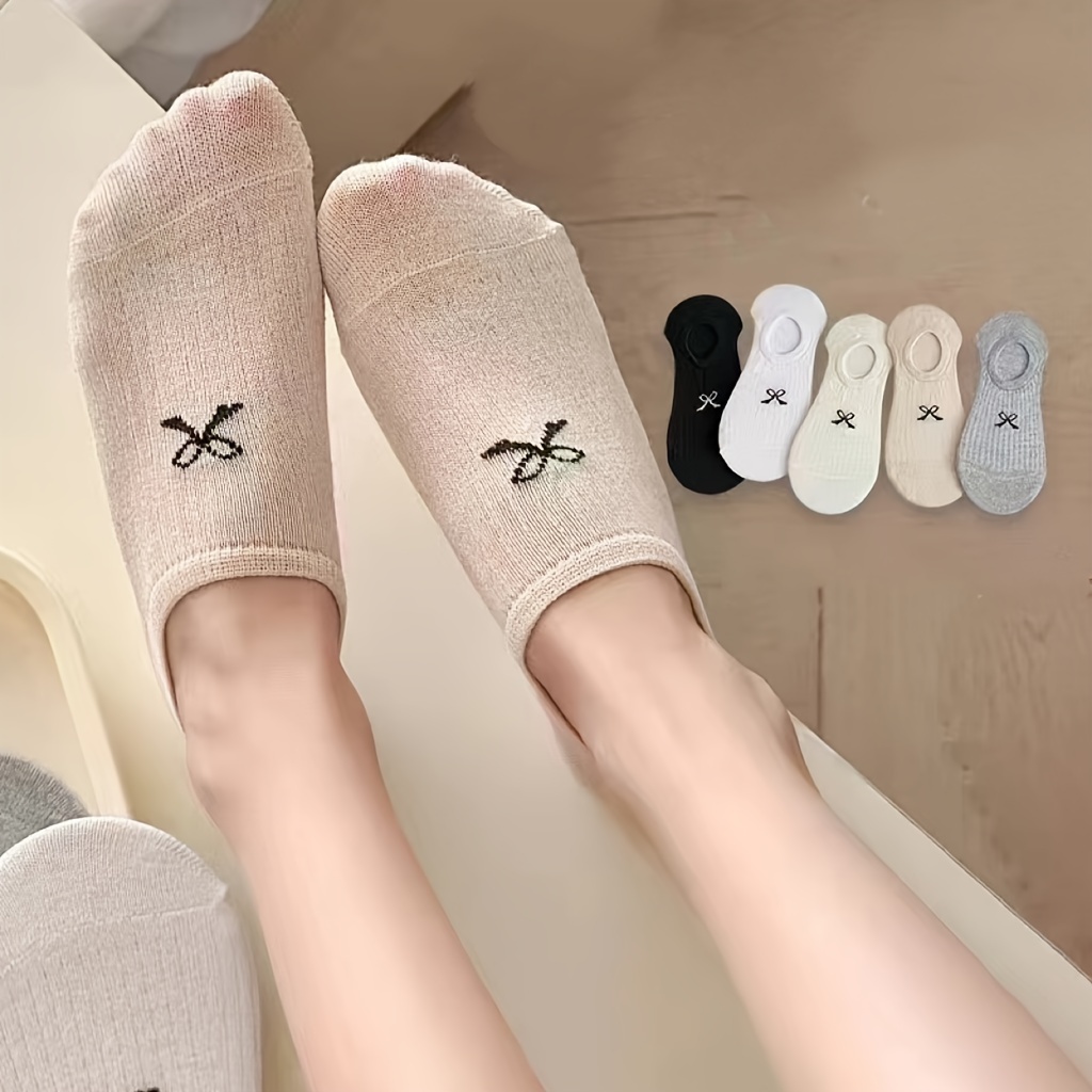 

5 Pairs Simple Bow Embroidered Invisible Socks, Comfy & Breathable Ankle Socks, Women's Stockings & Hosiery