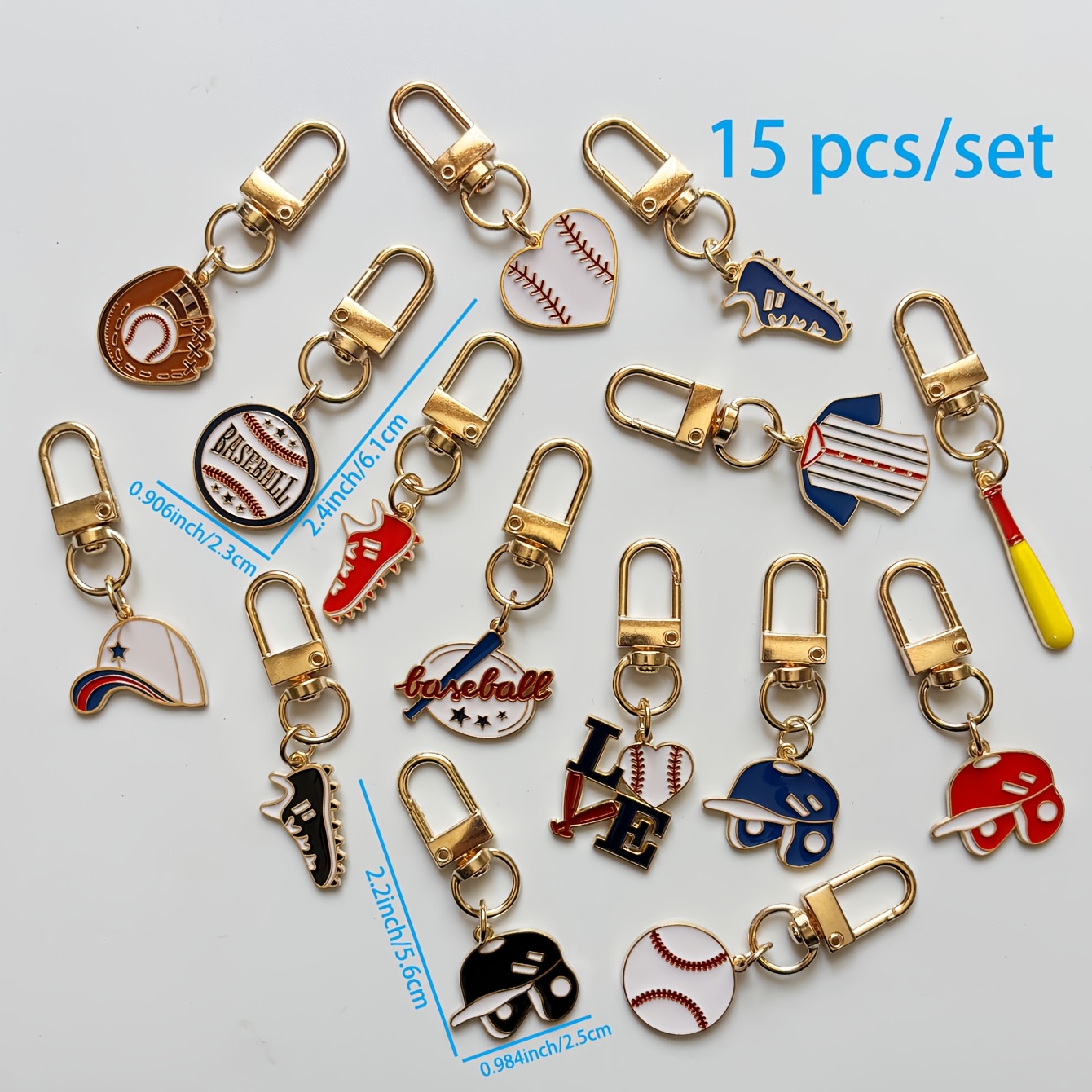 TEMU Lot de 15 porte-clés série baseball, porte-clés en alliage de , divers pendentifs sur le thème du baseball, anneaux et porte-clés pour hommes et