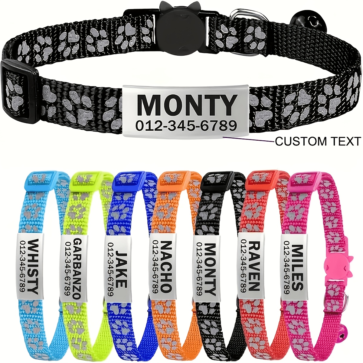 Custom Laser Engraved Pet Name Collar with Reflective Paw Print