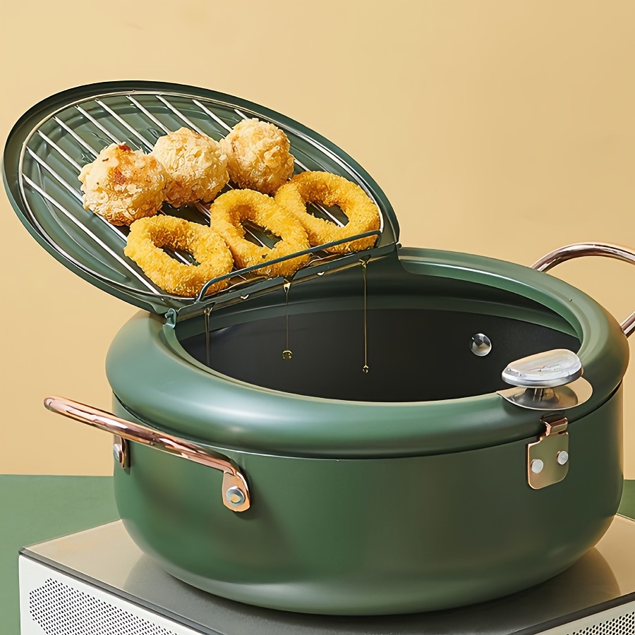 

Deep Fryer Pot, 4.3l/11 Inch Japanese Frying Pot With Thermometer, Nonstick Carbon Steel Oil Fryer, For //fish/chicken Fries, Easy Clean, Green