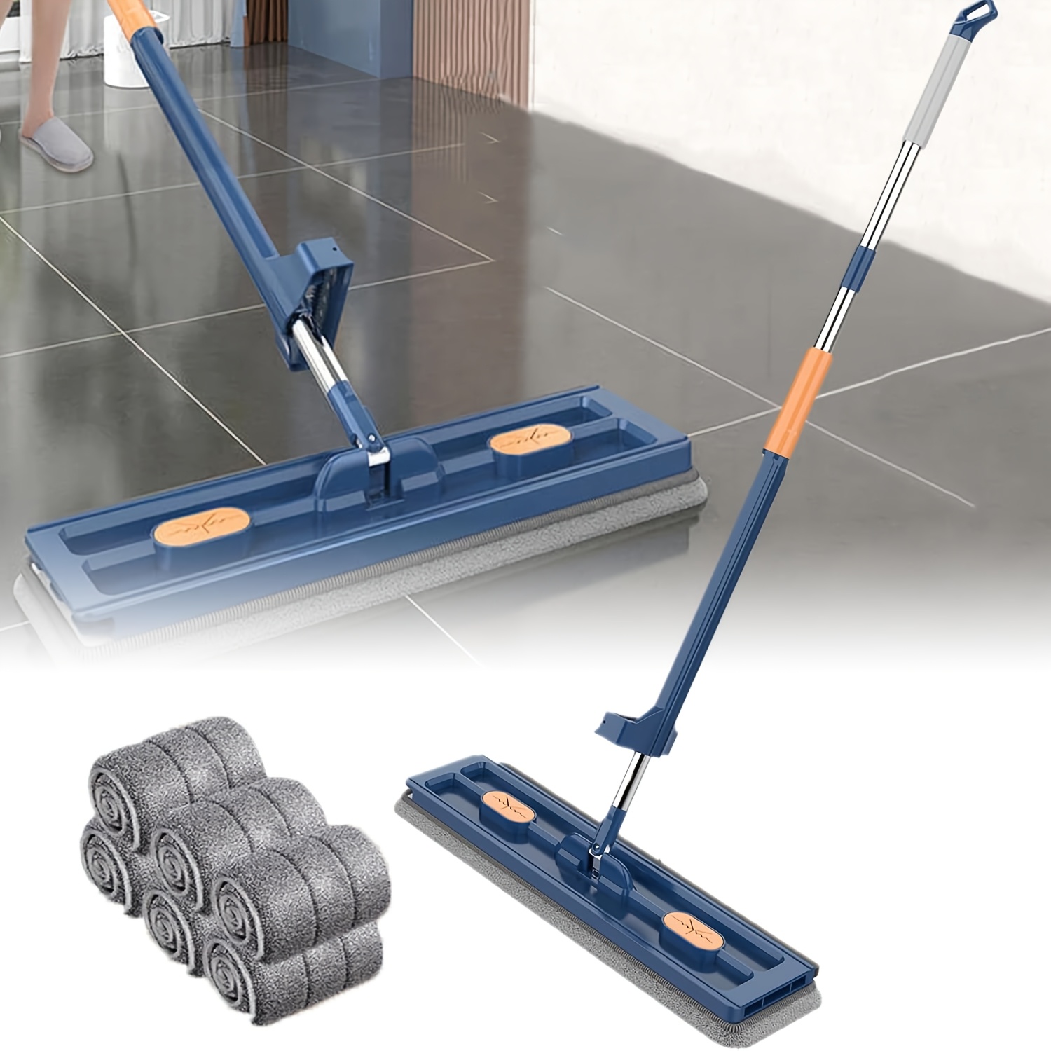 Image of Flat Mop With 6 Pads, Microfiber Mops For Floor Cleaning, Dust Mop For Hardwood Floors, Wet Dry Use On Laminate Wood Tile Vinyl Wall Mopping Bathroom Kitchen Household Supplies