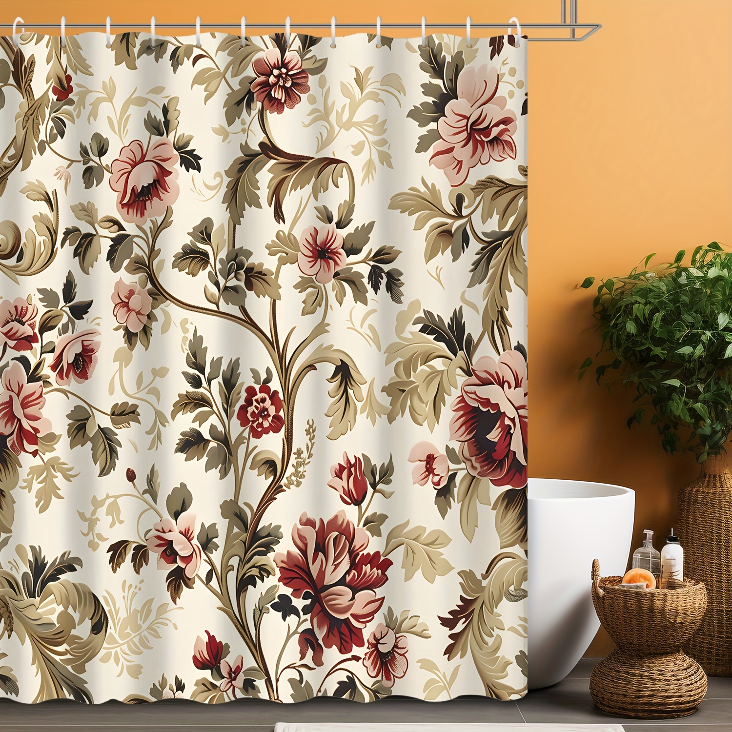 

1pc Rococo Style Vintage Floral Bath Curtain With Hooks, Waterproof Polyester Shower Curtain For Bathroom Decor, Machine Washable, Baroque Design, Use