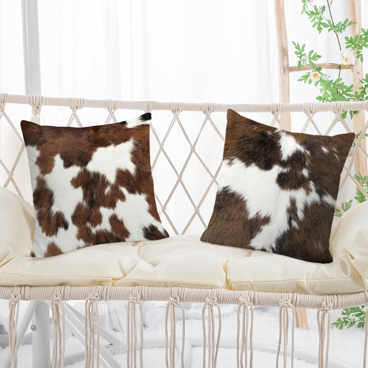 set of 4 vintage short plush double sided printed animal fur throw pillow covers brown   cowhide printed decor cushion covers farmhouse style pillowcases 18x18 inch for porch patio sofa living room bedroom outdoor without pillow inserts Product details 3