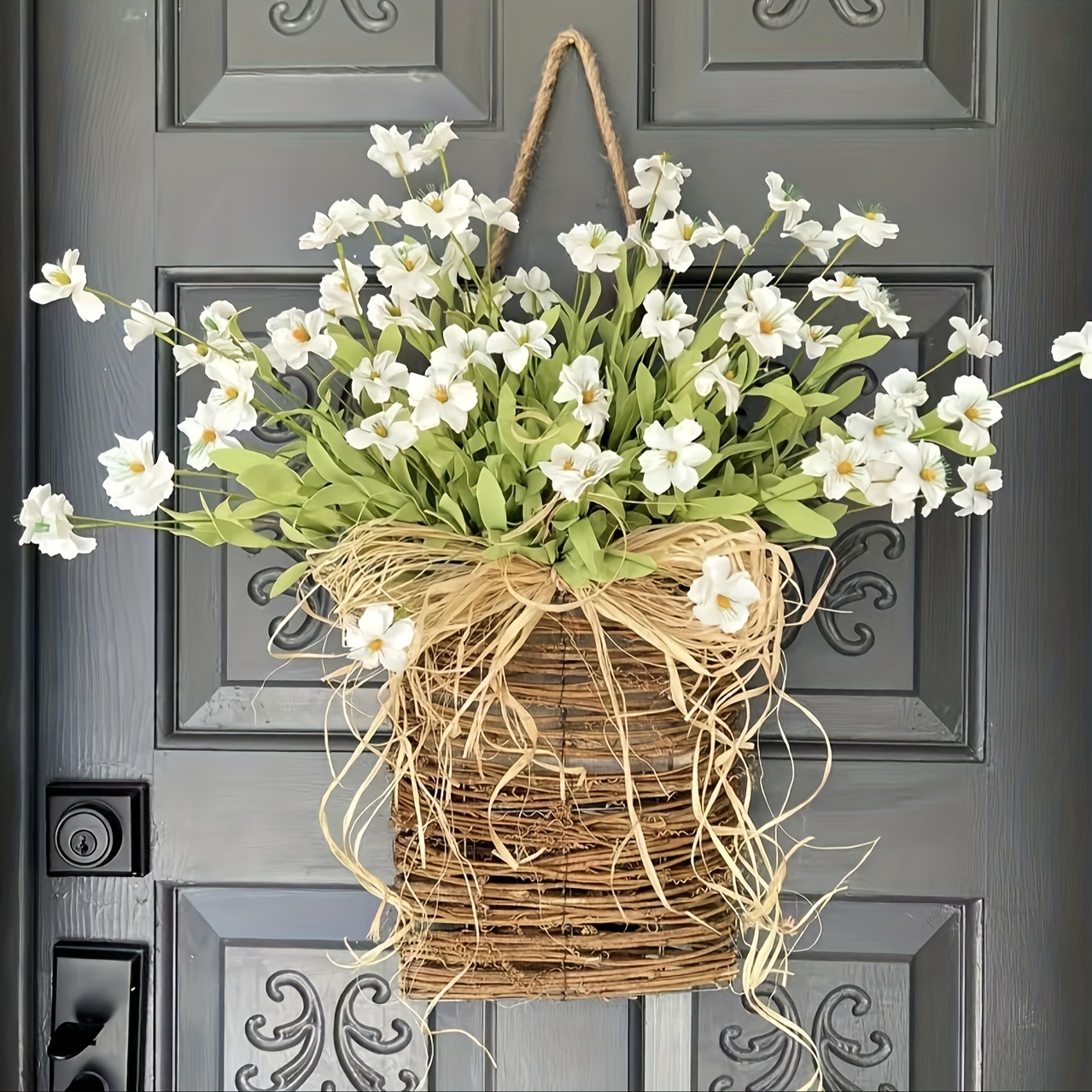 

1pc, White Wildflower Basket, Spring Wreath, Cream Wildflower Door Hanger Basket, Home Decor Room Decor Decoration Supplies Holiday Decoration Supplies
