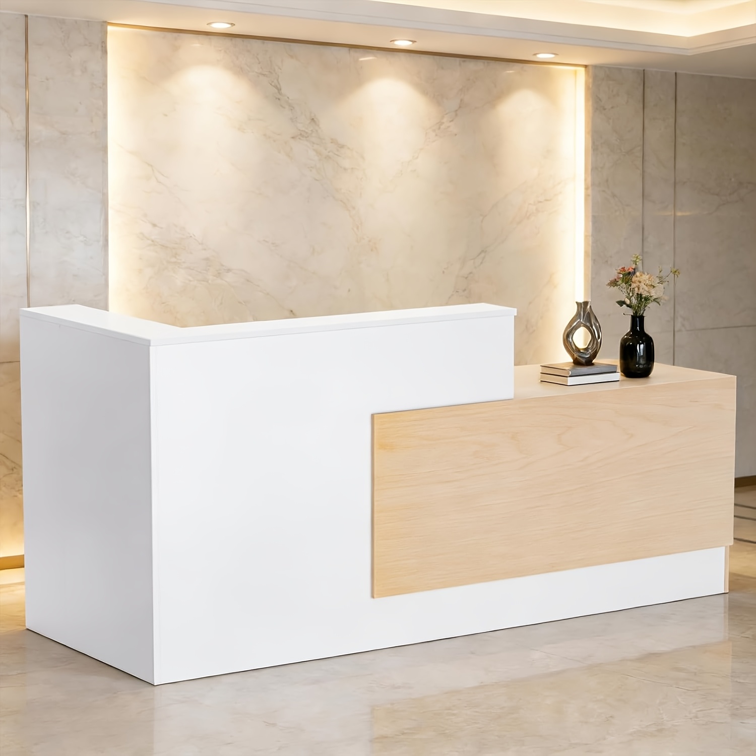 L-shaped Reception Desk Featuring A Keyboard Cover, Complete With Reception Straps, A Drawer, And Open Shelving, Made Of Wood For Office Use (white, Left-180*106*104cm)