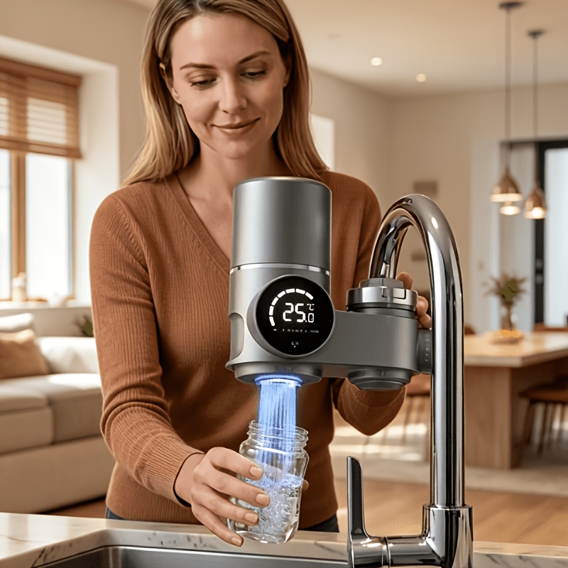 double head switch faucet water purification system with water temperature   display   of removing lead   and   264 gallon water   chrome metal plastic material water purifier for kitchen and bathroom