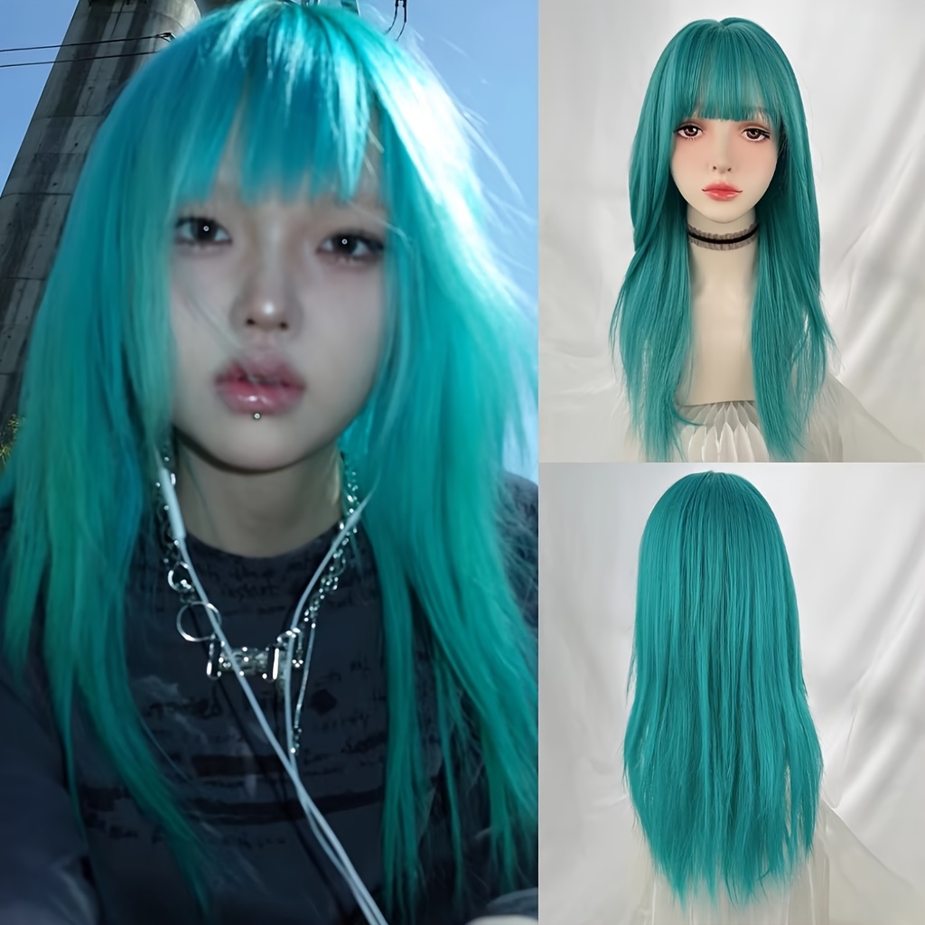 synthetic long blue women wig bangs lolita - Temu display picture 2