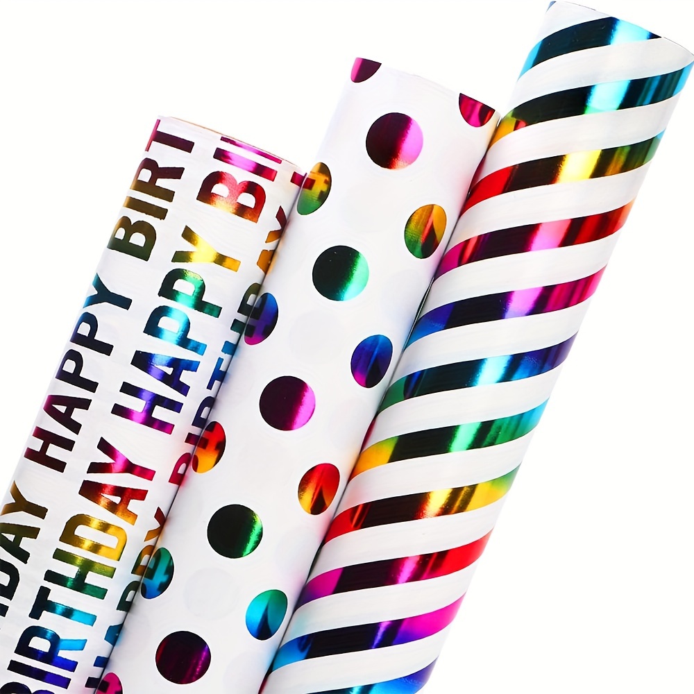 

3pcs Rainbow Foil Birthday Wrapping Paper - Gift Wrap For Parties & Holidays, Theme