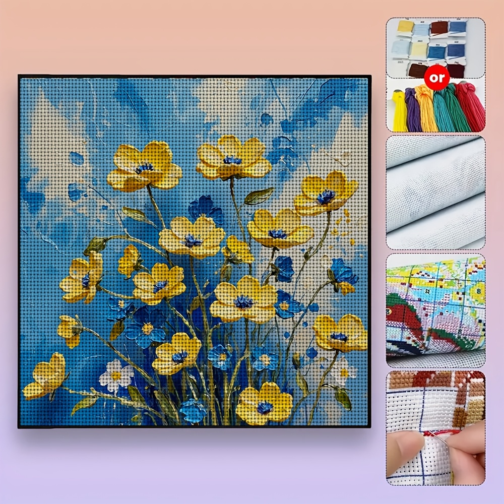 Blue Background Yellow Flower Oil Painting Pattern Stitch Kit