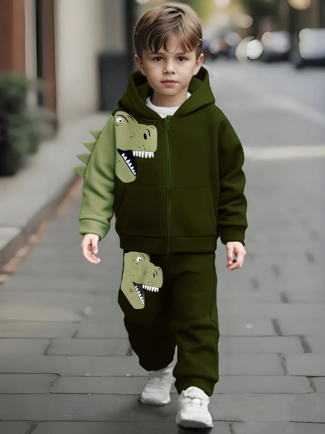 Toddler's 2-Piece Set, Fleece-Lined Hoodie And Pants, Dinosaur Pattern, Autumn/Winter Outdoor Outfit, Soft And Cozy, Machine Washable - Image 5
