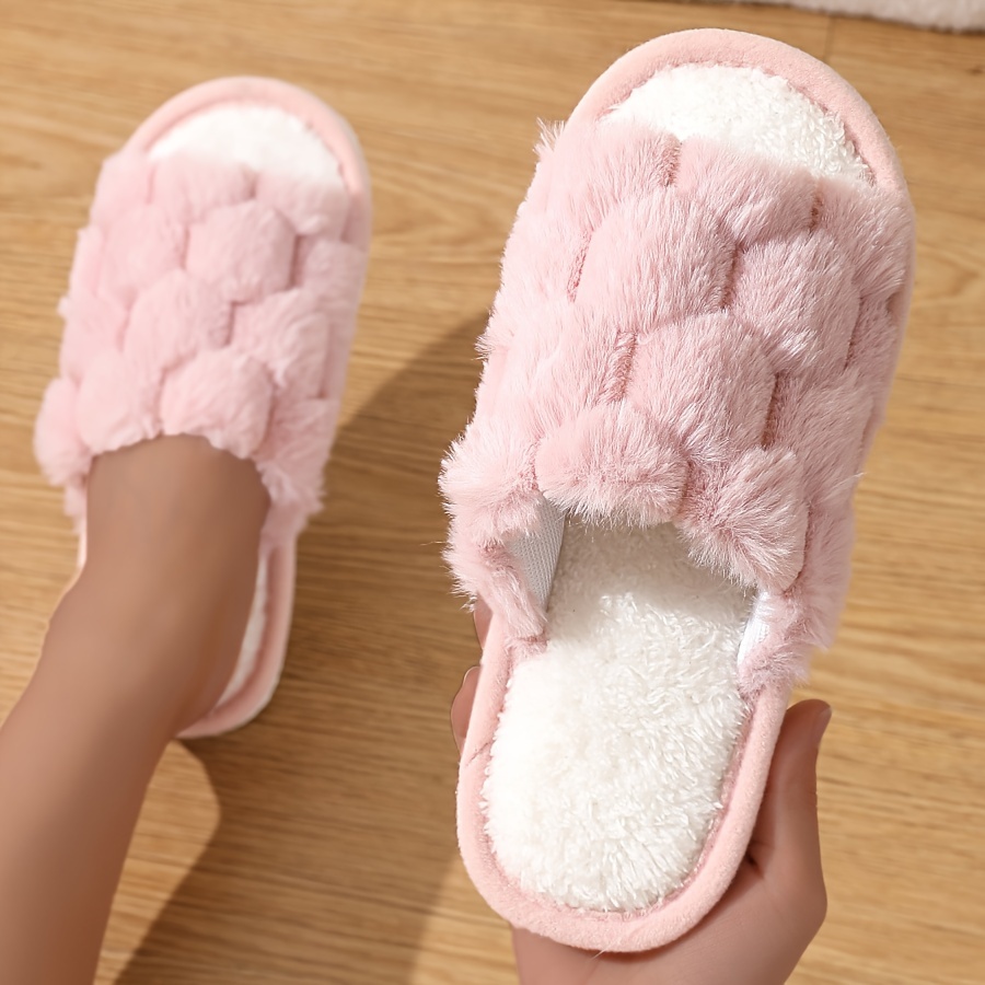 

Luxurious Honeycomb Plush Women's Slippers, Open Toe, Cozy Fluffy Design With Soft Flat Sole, Perfect For Indoor Floor Wear