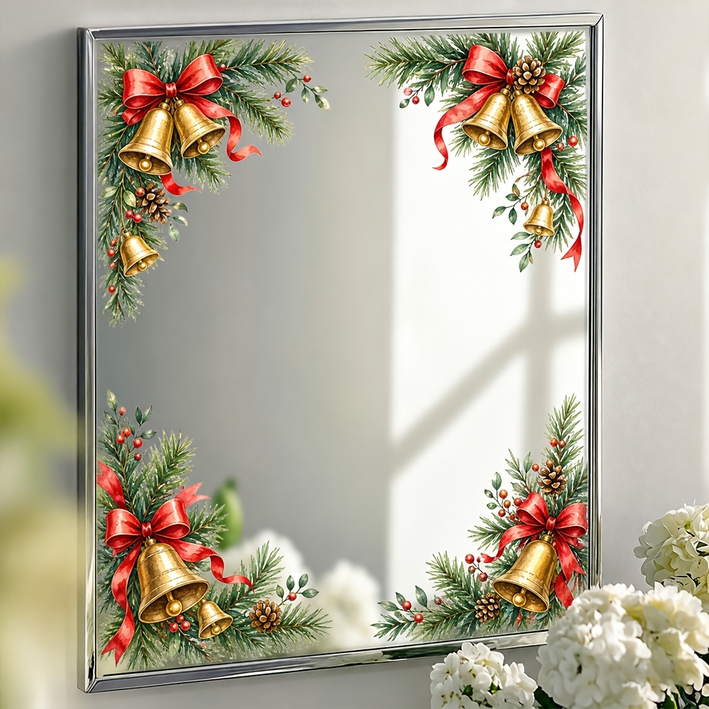 TEMU 1pc Watercolor Christmas Bell With Red Bow Set, Removable Self-adhesive Golden Bell, Pine Branch, Pine Cone, And Corner Decal, Holiday Christmas