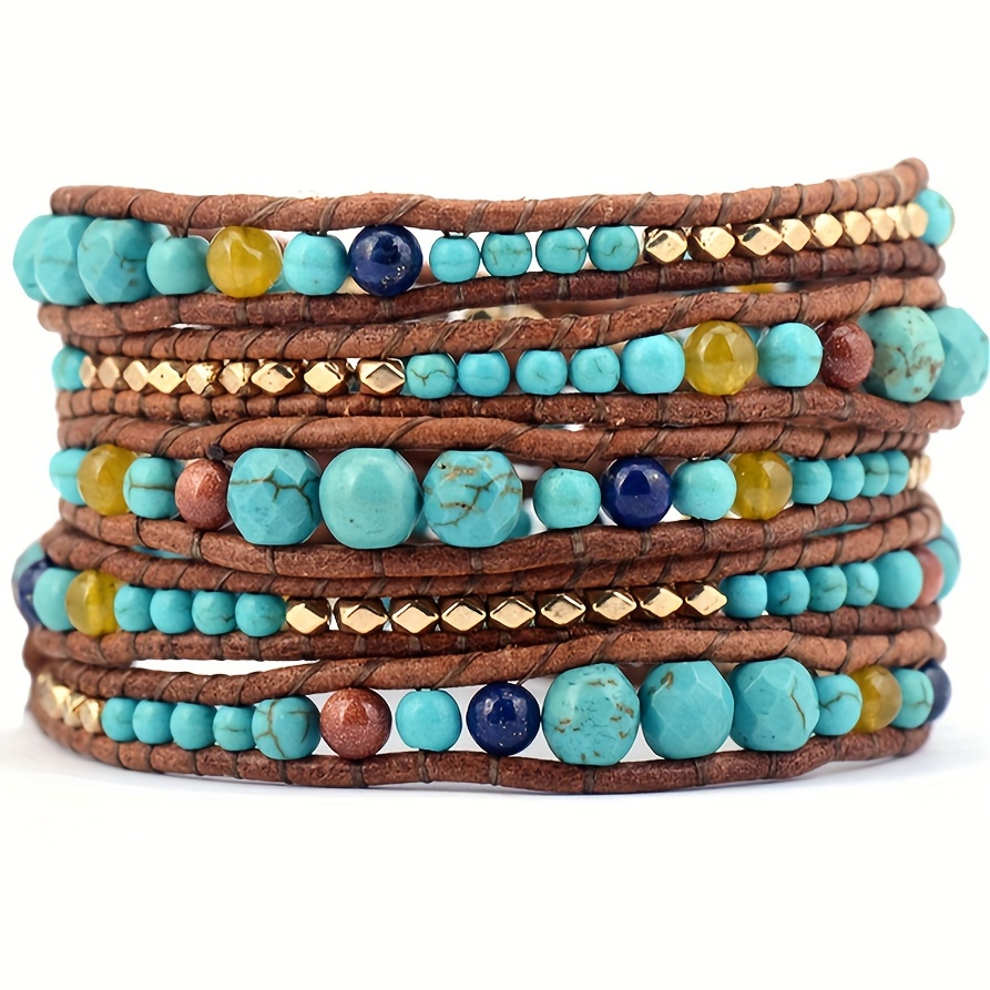 

Wrap Turquoise Bracelet For Women/men | Adjustable Multilayer Genuine Leather Handmade Boho Nature Stone Beaded Bracelets