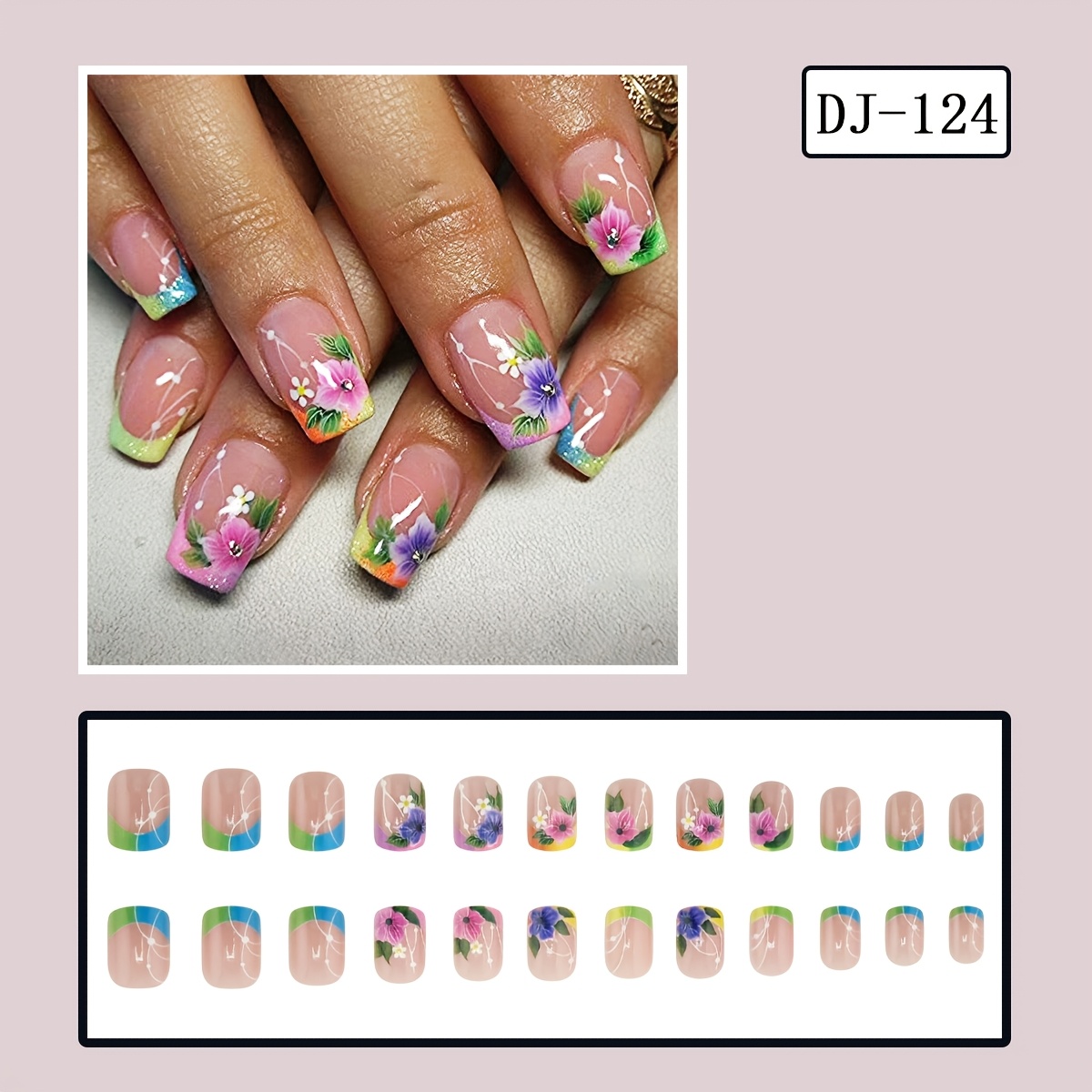 24pcs Short Square Fake Nails With Suitable For Pedicures/pーマニアs - Glossy Press- Nails, French Tip Flower Tips, Application & Removal, No Nails (residential & Travel Use)