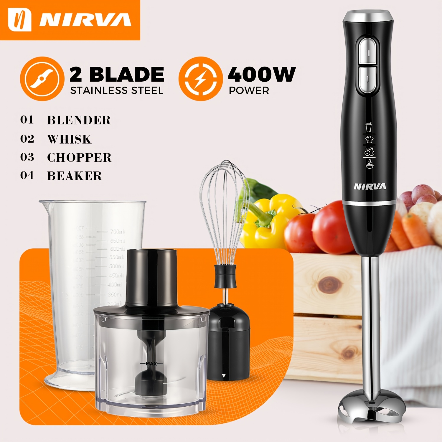 Image of Nirva 4-in-1 Electric Hand Blender, 400w 2 Mixer With Whisk, Chopper, Blending Beaker, , Puree, , Sauces &