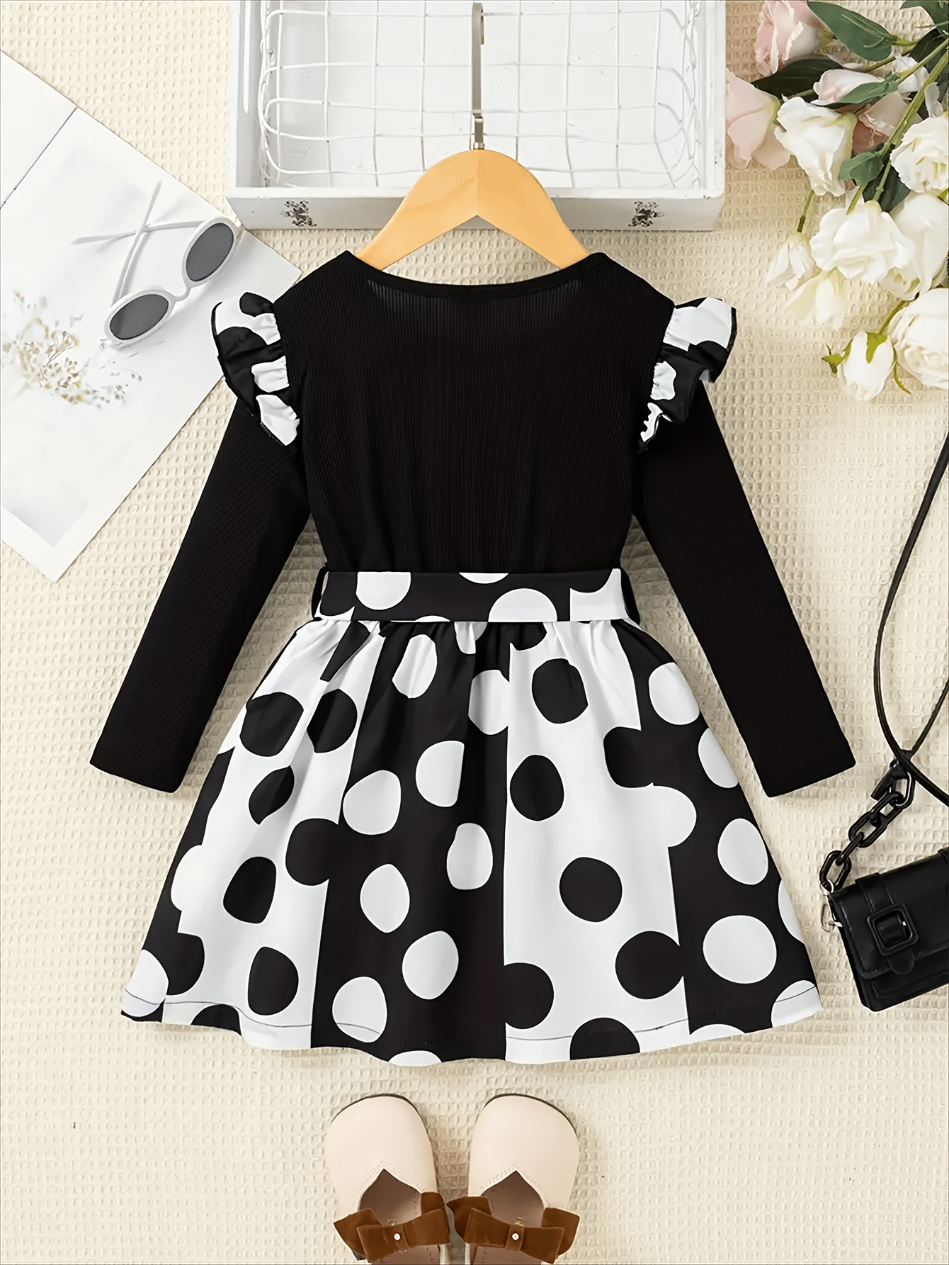 little girls round neck long sleeve black white polka dot - Temu