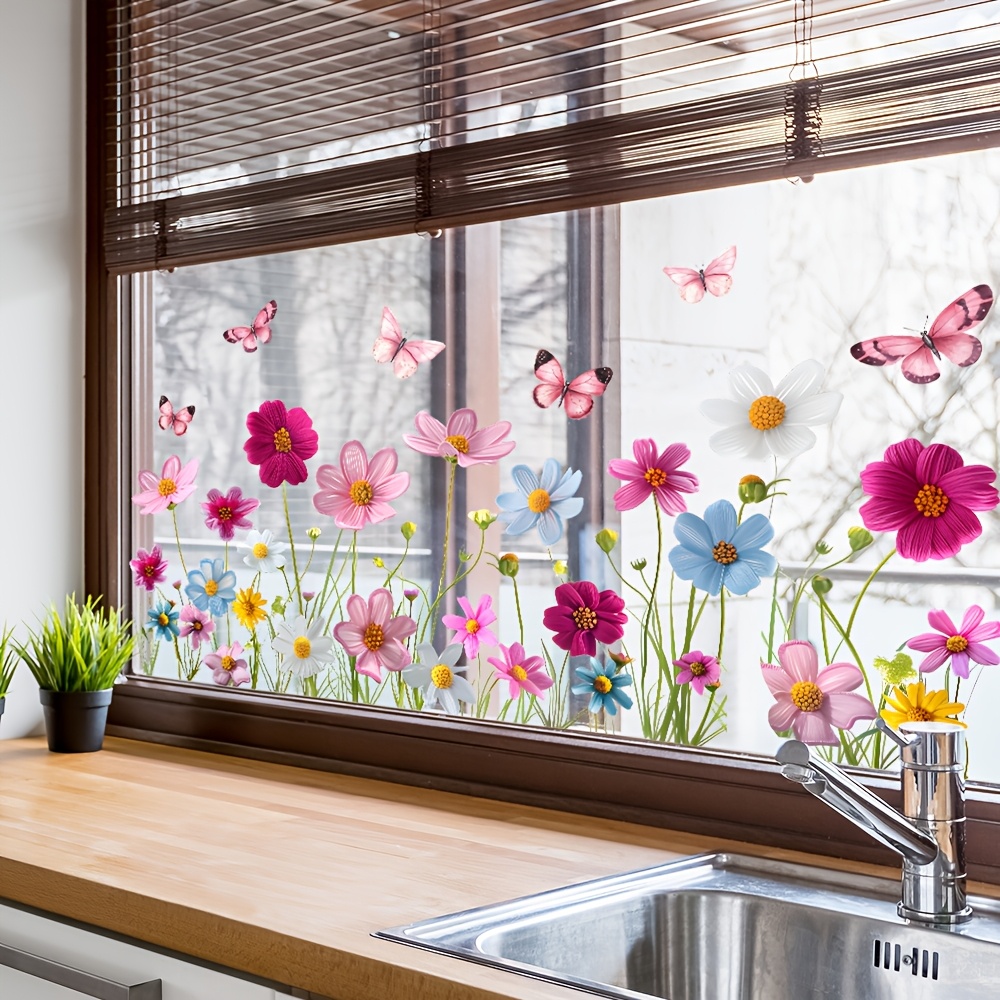 Image of 1pc Spring/summer Colorful Window Glass Sticker, Vibrant Floral Double-sided Decal, Removable Pvc Sticker Decoration, Suitable For Kitchen, Living Room, And Bedroom Window Stickers