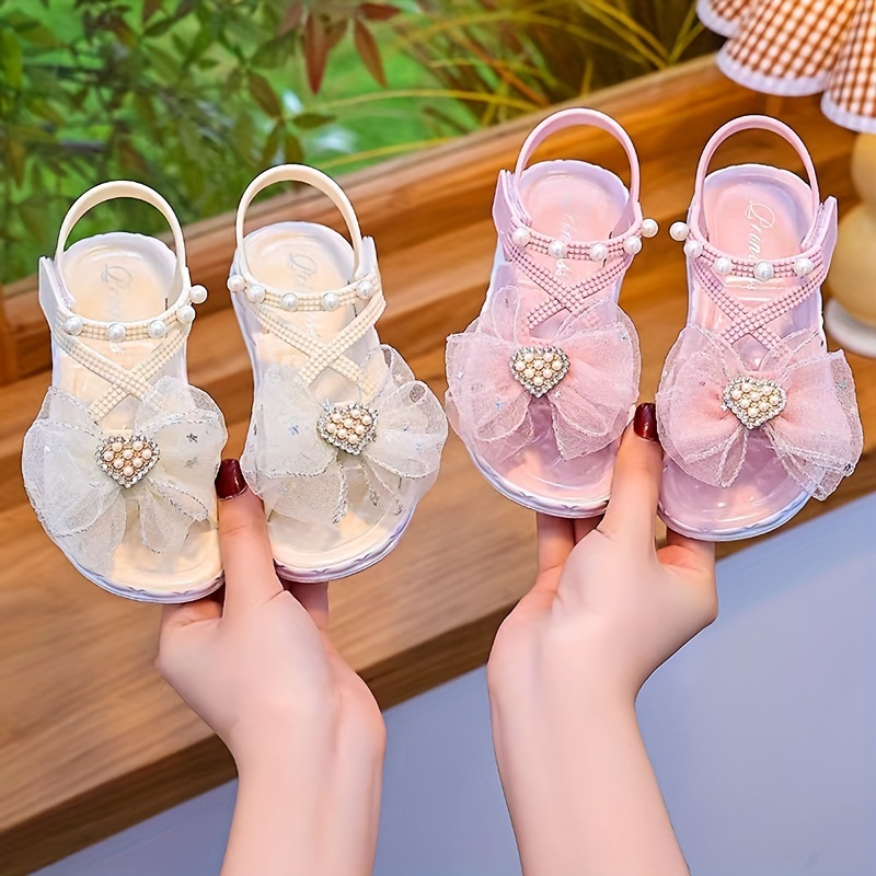 

Trendy Cute Rhinestone Pearl Bowknot Sandals For Girls, Breathable Lightweight Sandals For Party Holiday Beach