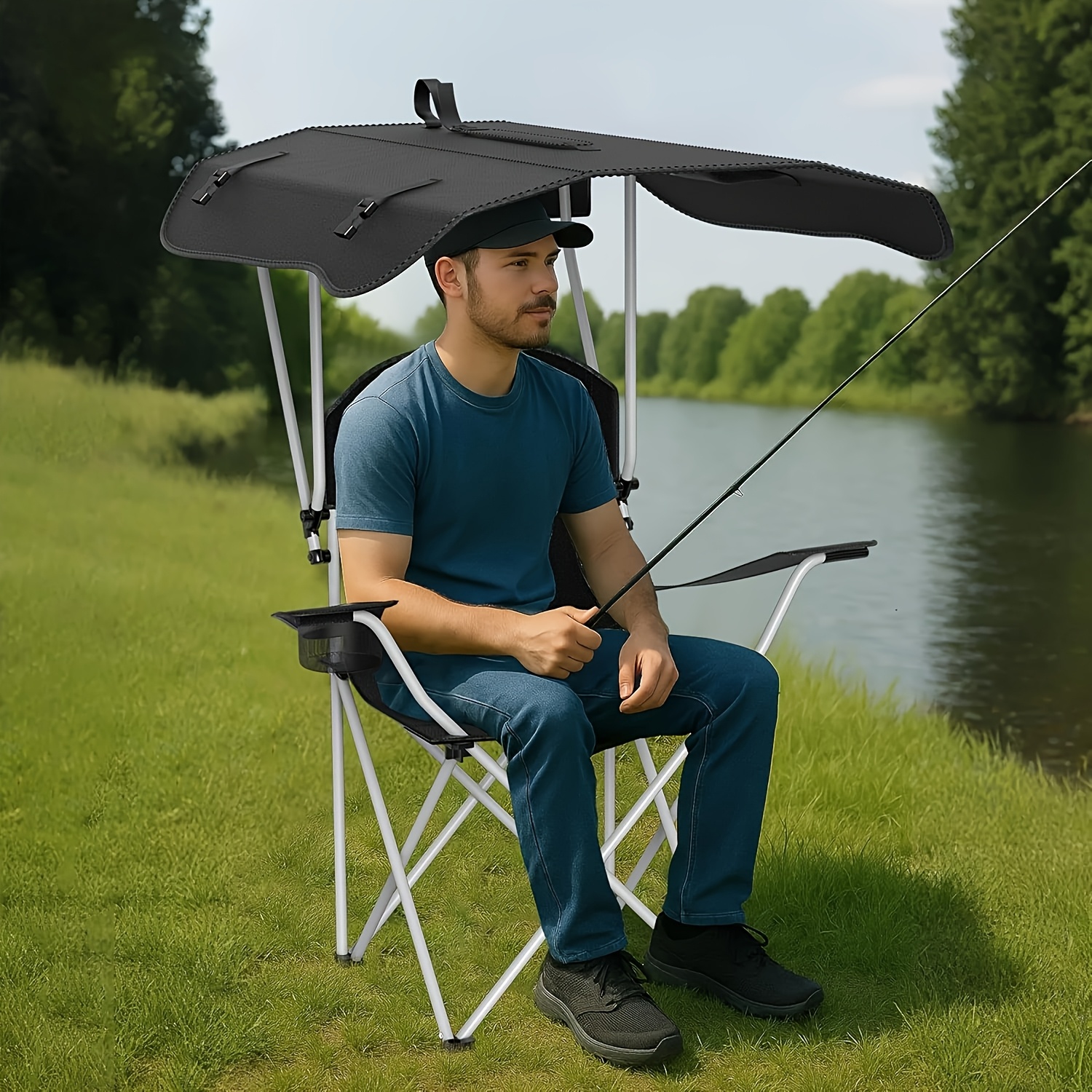 portable folding camping chair with canopy - lightweight oxford fabric outdoor beach chair, for fishing, picnics, and outdoor relaxation, camping chair, picnic essentials, foldable design, sturdy frame construction Product details 0