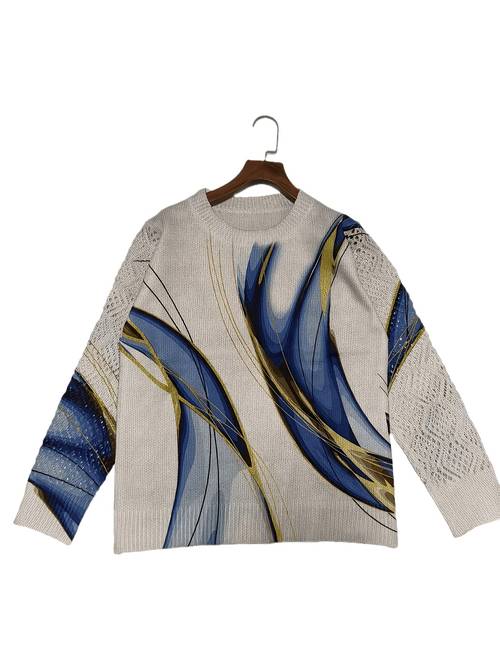 abstract gradient line art print long sleeved pullover round neck hollow long sleeved sweater casual loose color blocking top