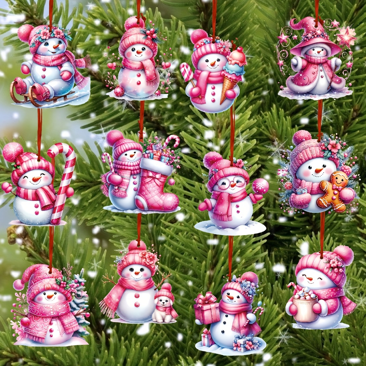 

24pcs Pink Snowman Christmas Ornaments Set - Paper Tree Tags Decorations, Festive Holiday Party Favors With Ribbon, Non-electric & Featherless