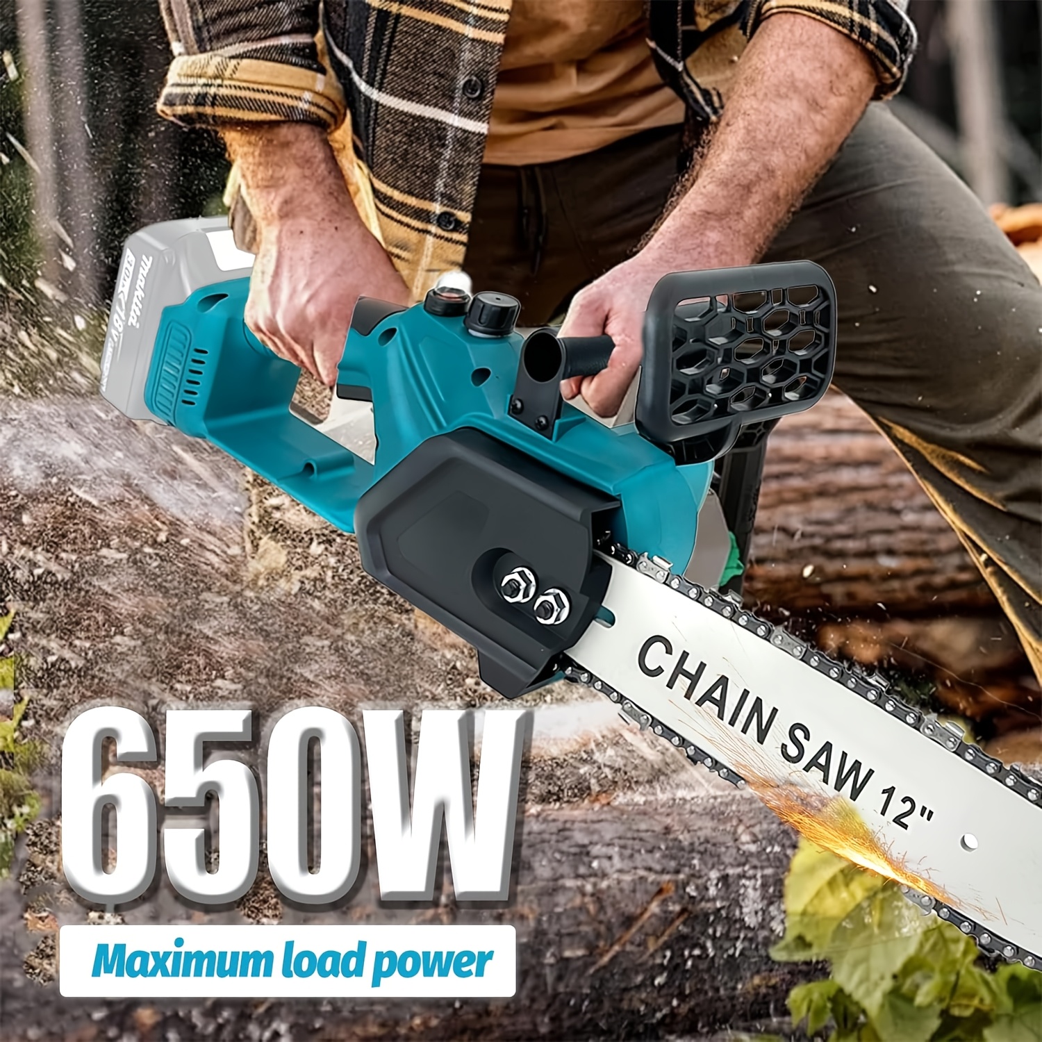 Безчетков верижен трион 18V, съвместим с батерия Makita DUC307ZX2 18V, 30.48 см верижен трион с 2x5000mAh батерии, едноръчен трион за градински ножици, секачи и рязане на дърва (без зарядно устройство)