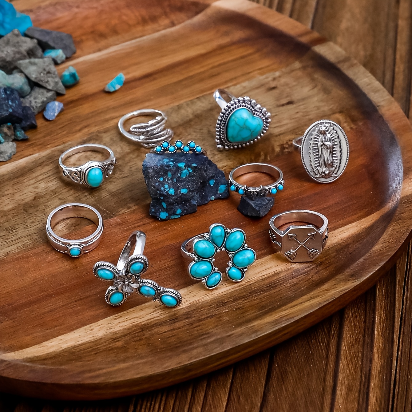 10pcs Alloy Imitation Turquoise Inlaid Stacked Ring Set