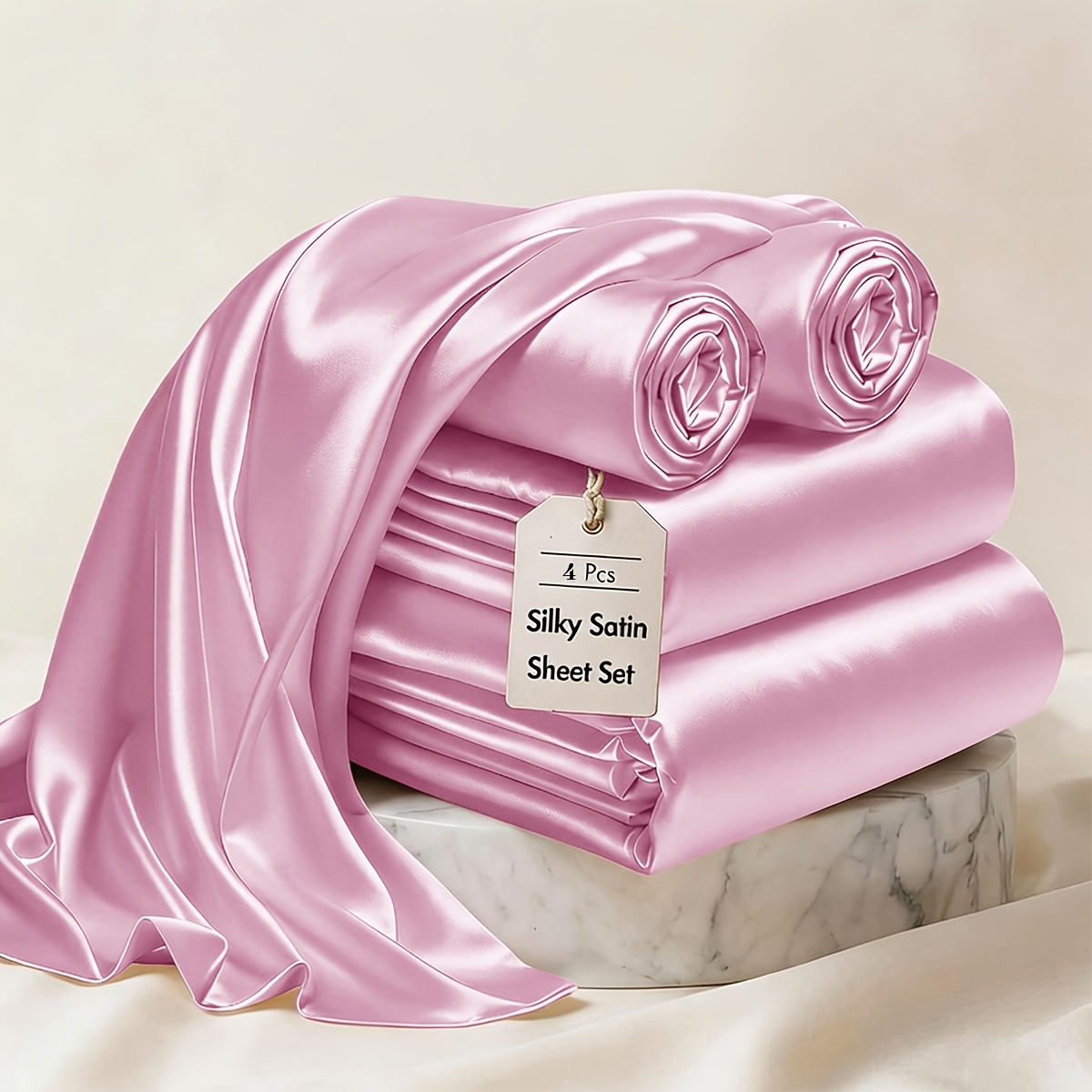 TEMU Parure de draps satinés 4 pièces - Parure de lit de luxe en satin ultra- et doux avec poches profondes - 1 drap-housse, 1 drap plat, 2 taies