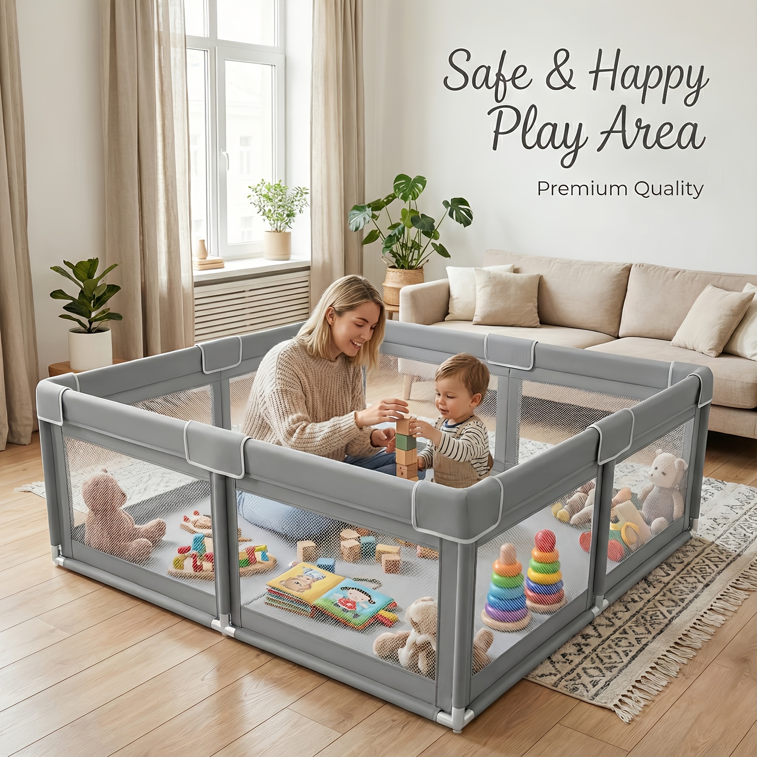 Baby Playpen 50X50 Inch, Play Pens for Babies And Toddlers Baby Fence Baby Play Yards for Indoor & Outdoor with Breathable Mesh Anti-Fall Playpen