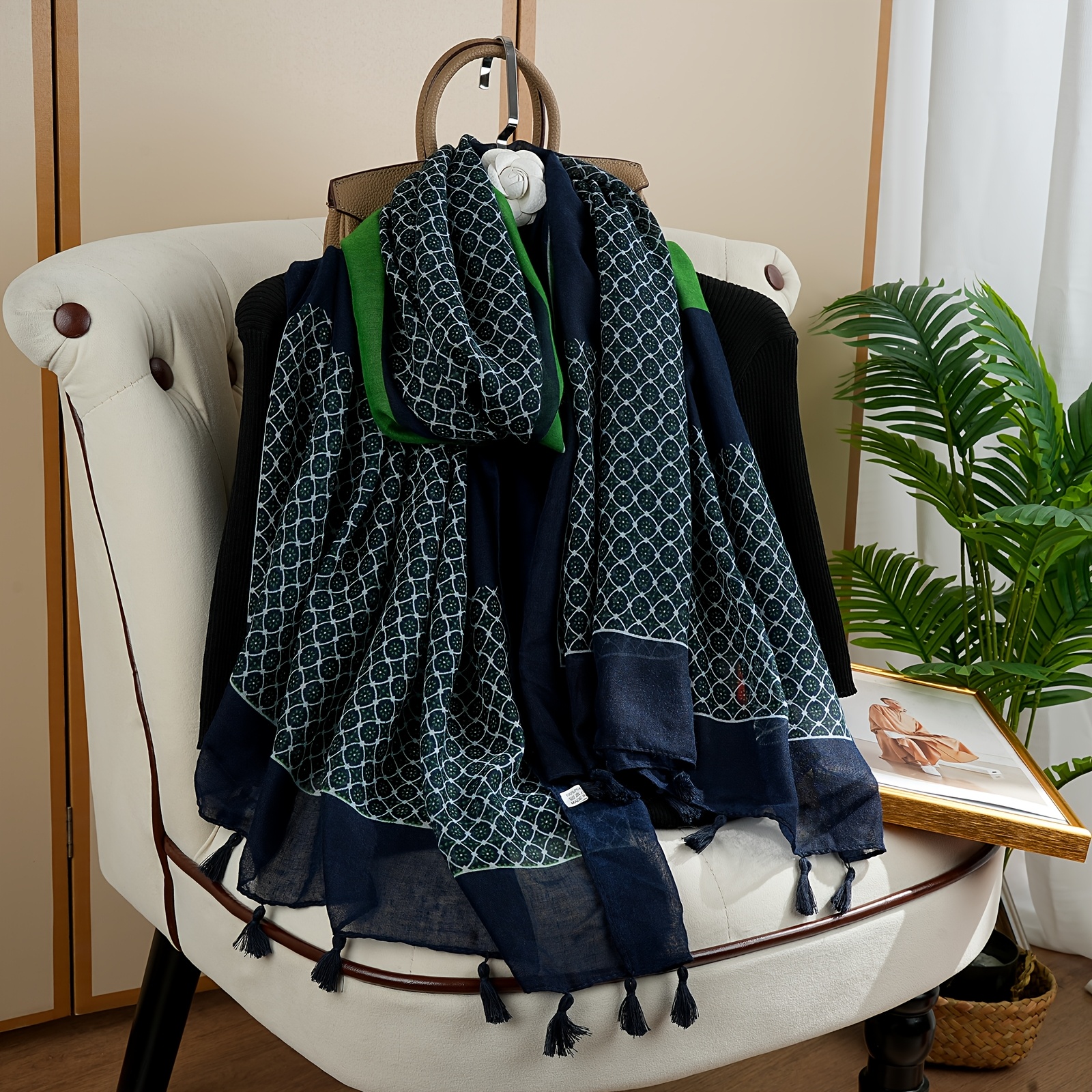 TEMU 1 Fashionable And Versatile Elegant Bohemian Pendant Long Scarf With Ethnic Print, Suitable For Wearing - Vintage Style Headscarves, Shawls, And