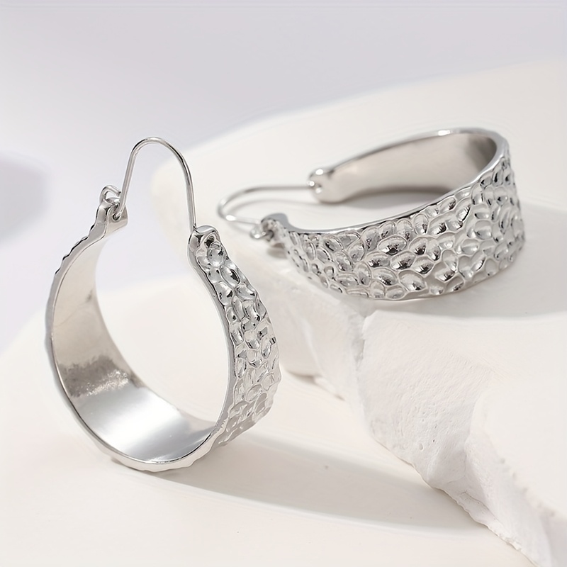 Vintage Boho Silver Plated Hammered Hoop Earrings