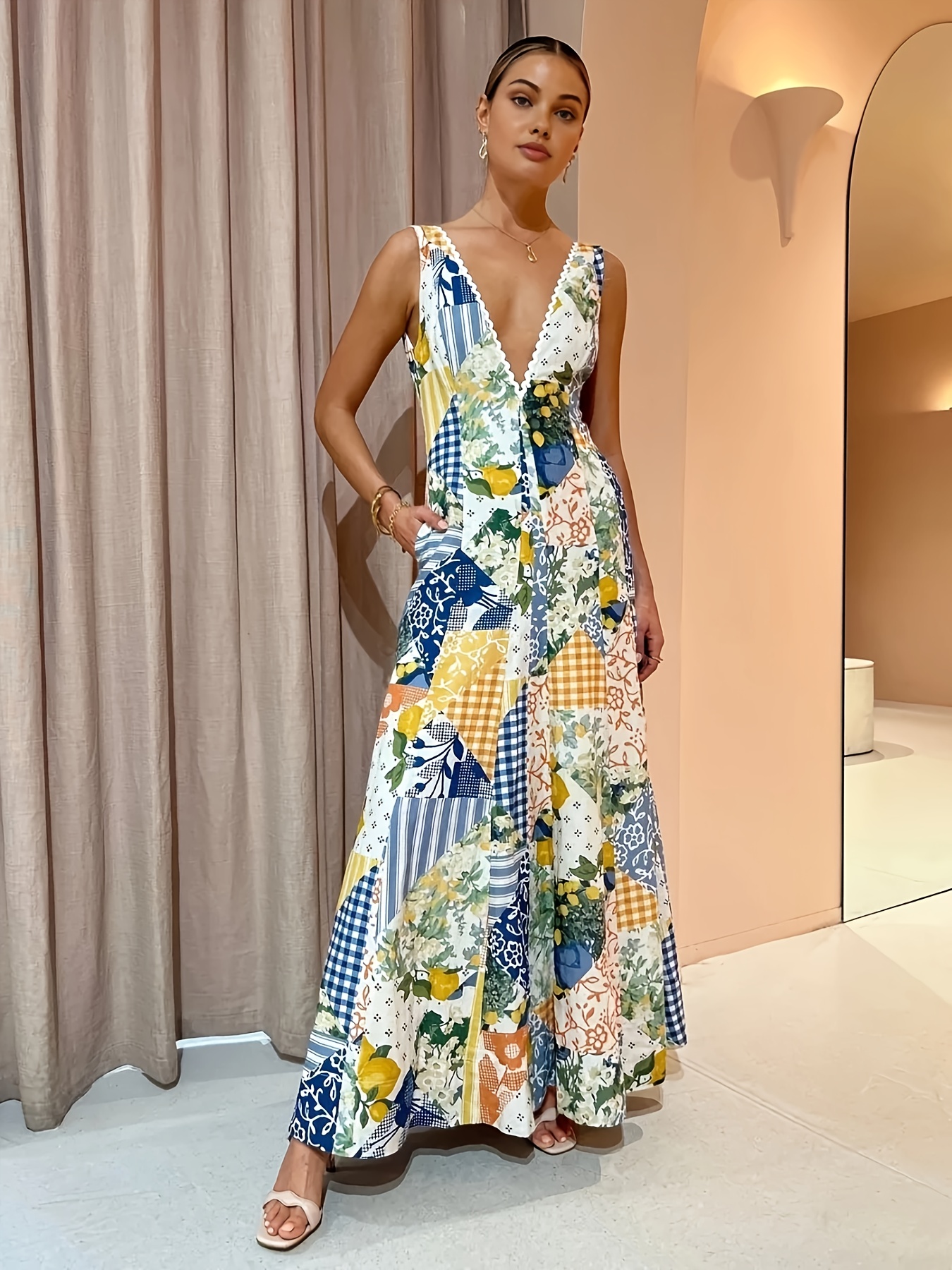 sleeveless summer dress a large v neck featuring a lemon - Temu
