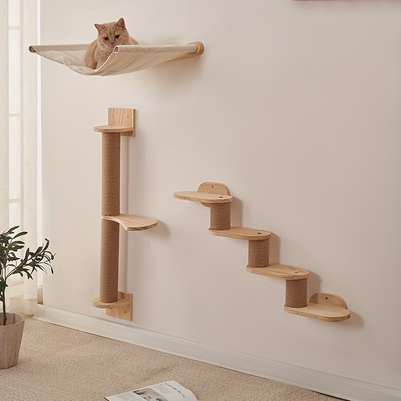 

3-piece Cat Set With Hammock, Sisal-wrapped Scratching Post, And Wall-mounted Perches Made Of Natural Wood