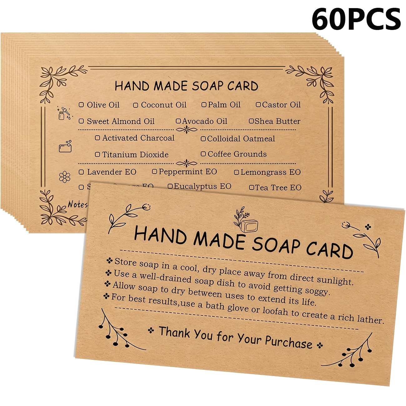 TEMU 60 cartes de soin pour savon artisanal pour de savon, liste d'ingrédients et instructions avec case à , feuilles d'étiquettes en papier pour
