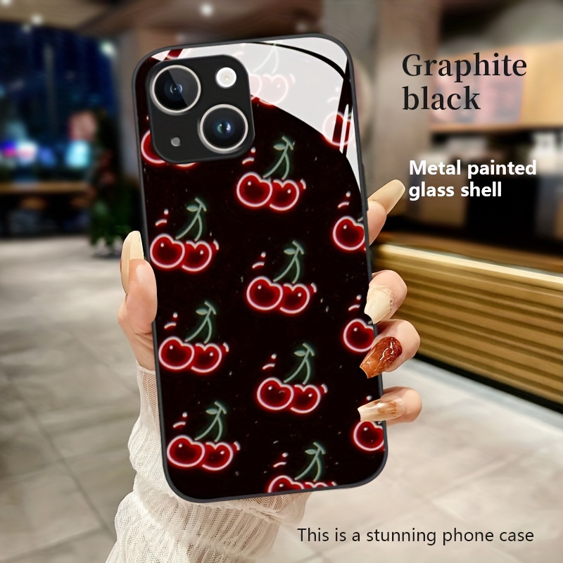 

Cherry Pattern Glass Phone Case For 15 14 13 12 11 X/xs Xr Xs Pro Max Plus - Elegant Graphite Black With Metal Painted Shell And Precise Hole Alignment