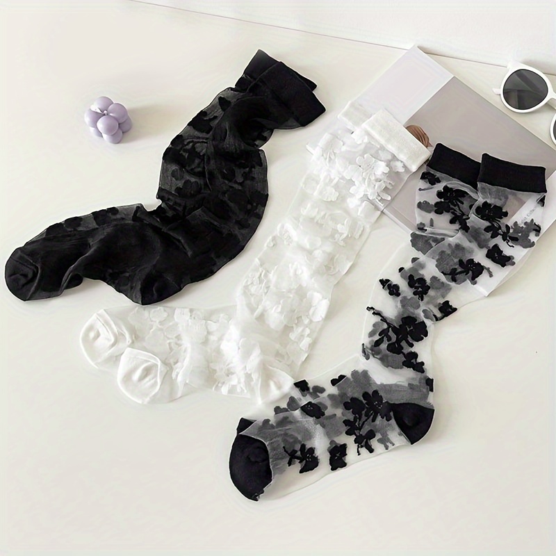 

3 Pairs Vintage Floral Calf Socks, Slim Fit Glass Silk Knee High Socks, Women's Stockings & Hosiery