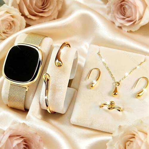 6pcs Fashionable Women'S LED Touch Screen Electronic Watch with Golden Water Drop Jewelry Set, Digital Watch, Plastic Case, Magnetic Strap, Suitable for Women And