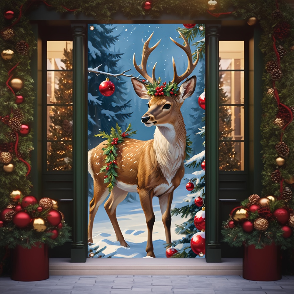 

Christmas Deer Porch Banner - Snowy Scene Polyester Decoration, Indoor/outdoor Hanging For Holiday & New Year's, X 35.4 Inches