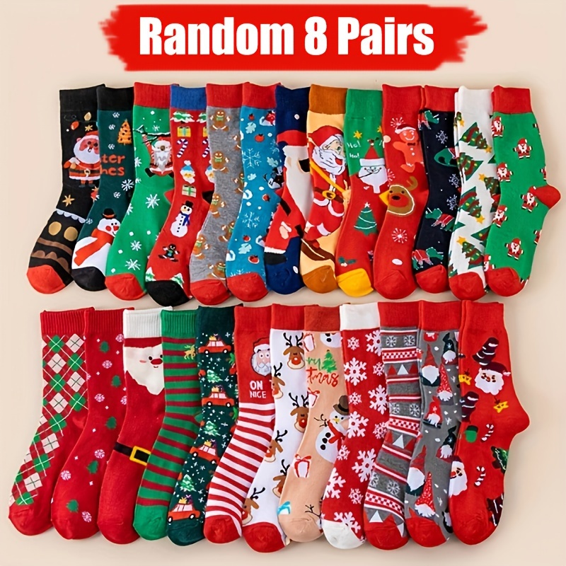 

8/16pcs Christmas Crew Socks - Cozy, Sweat-wicking With Santa, Reindeer & Snowman Designs - Perfect Gift For Family & Friends