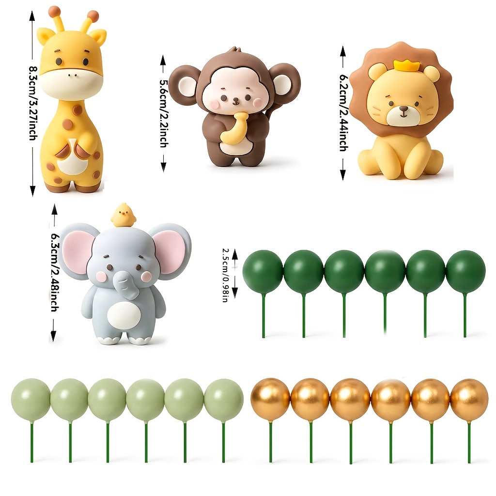 TEMU 19pcs Animal Cake Decoration Set, Including Lion, Elephant, Giraffe, Monkey, And Other Figurines, As Well As Green And Golden Spherical