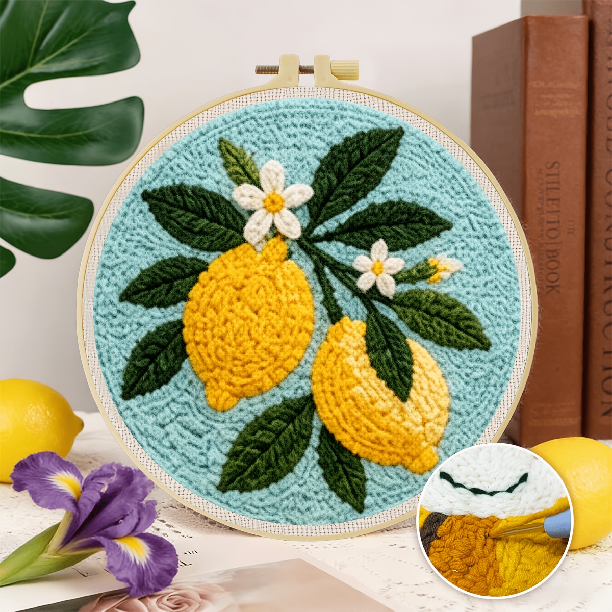 TEMU 1 Set 2d Adult Beginner Punch Needle Embroidery Kit, 20 X 20cm / 7.8 X 7.8in, Lemon Tree Theme, Complete Hand Embroidery Kit With Pre-printed