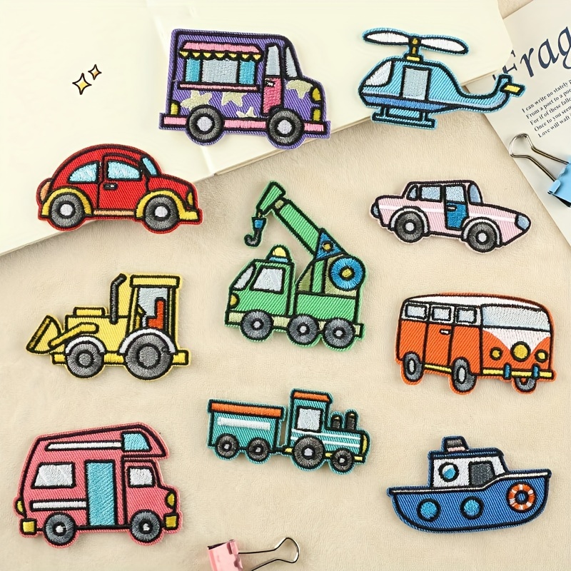 

10-piece Cartoon Car Embroidery Patches, Self-adhesive Iron-on Appliques For Clothing, Bags & Phone Cases - Mixed Colors