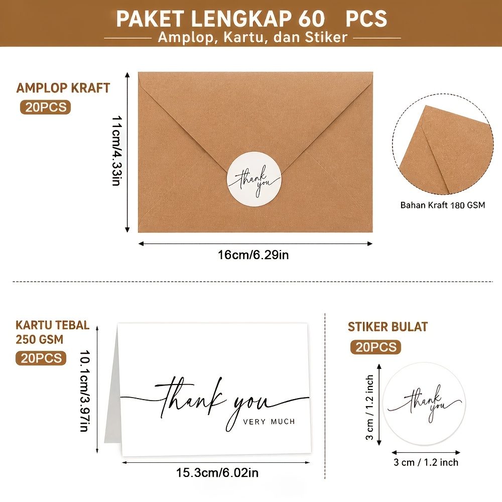 TEMU A 60pcs Thank-you Card Set, Including 20 Greeting Cards, 20 Paper Envelopes, And 20 Stickers, 6..3 Inches, Suitable For Business, Graduation