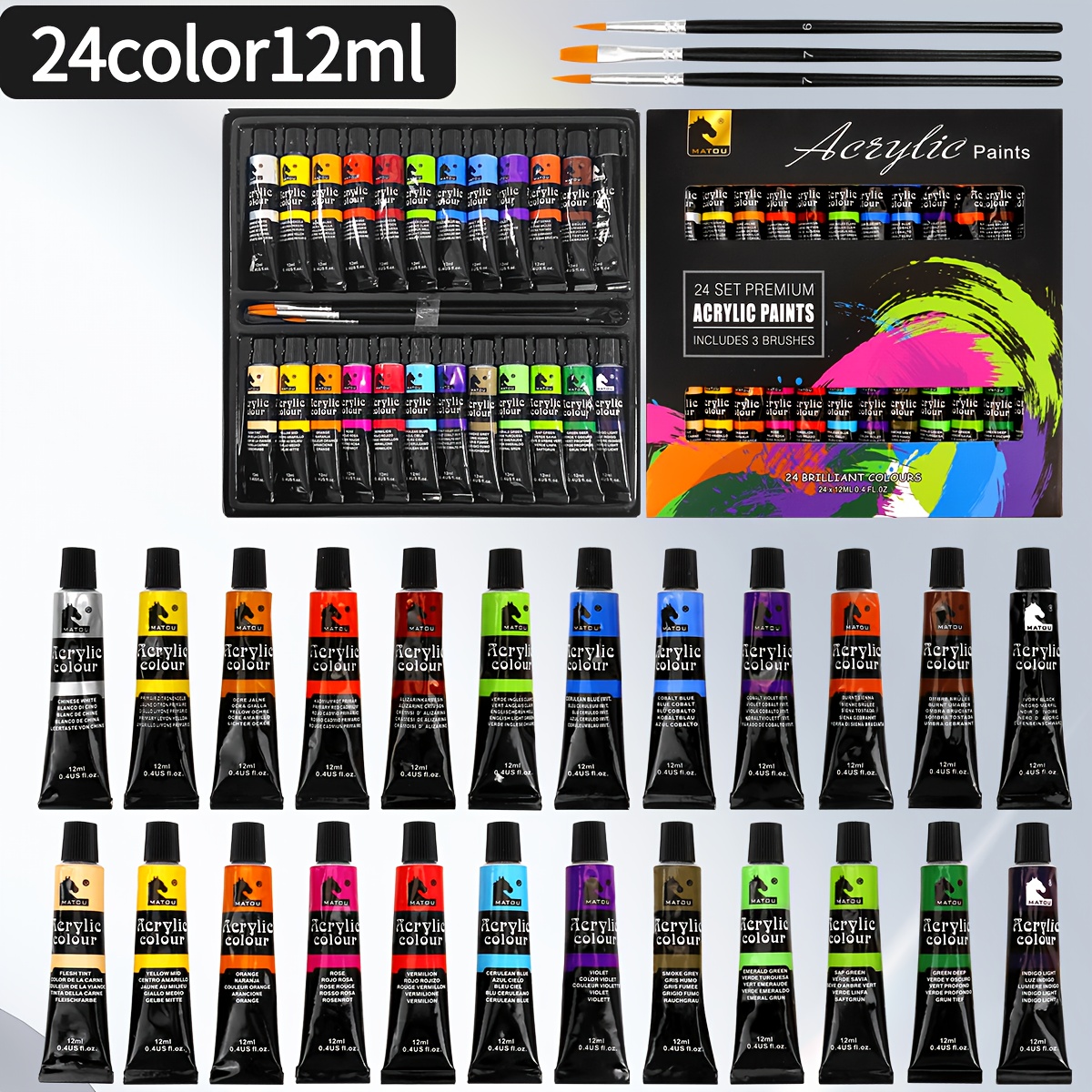 Image of 24colors Of 12ml/0.4oz Acrylic Paints Set With 3pcs Brushes, Suitable For Beginners And Artists' Art Acrylic Paint Set, Christmas Gift